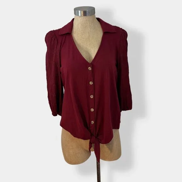 Anthroplogie Vanessa Virginia Embroidered Button‎ Tie Knot Top S - Picture 2 of 7